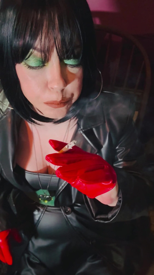 Miss Tina Snua In Leather coat & Gloves Sparks Up A cigarette Then Smokes For You Leather Lovers! | Clip 1