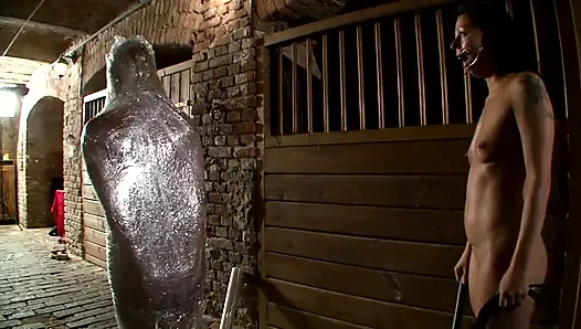 Bound Blonde in Dungeon Double Penetration Orgy