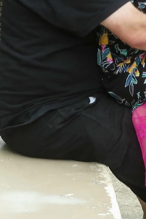 Park bench face sitting in my pink lace