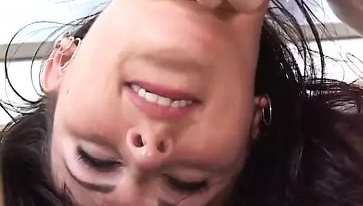 Salacious brunette moans as her shaved pussy gets drilled