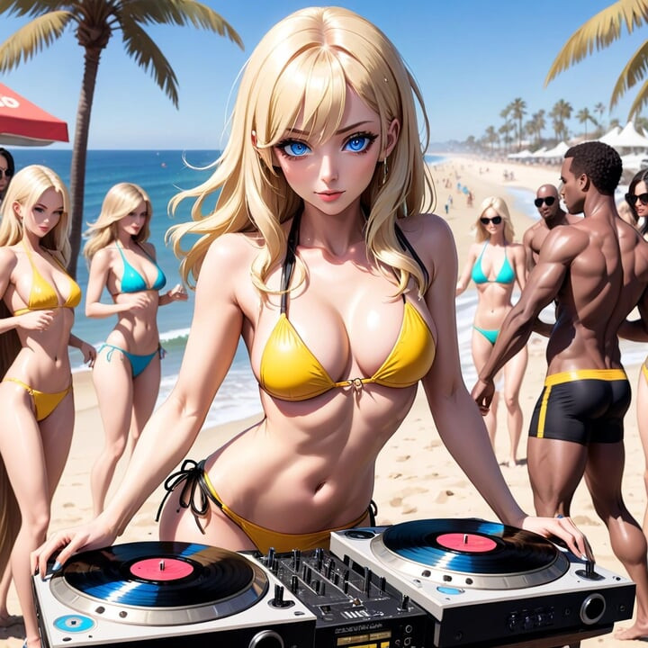 ビーチのアニメセクシーDJ シンセウェーブ レトロウェーブ