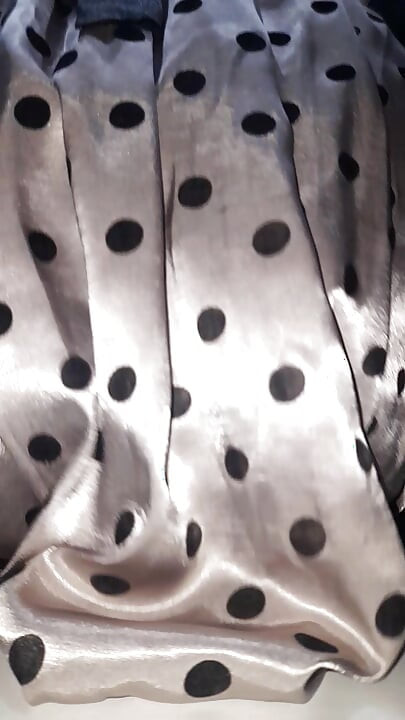 Crossdresser Cum Wearing Satin Silk Polkadot Dress with Silky Lining