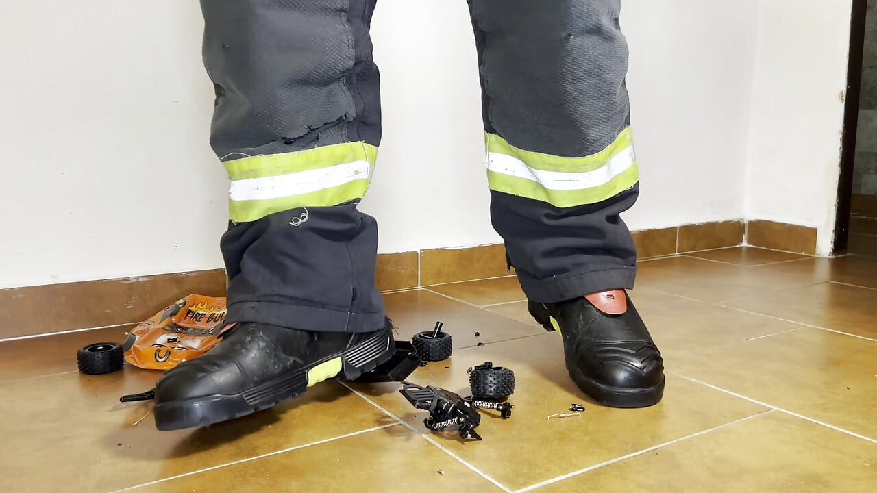 Firefighter stomping RC Car with Haix