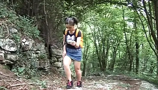 Naughty teen gets fucked by a mature guide in the woods