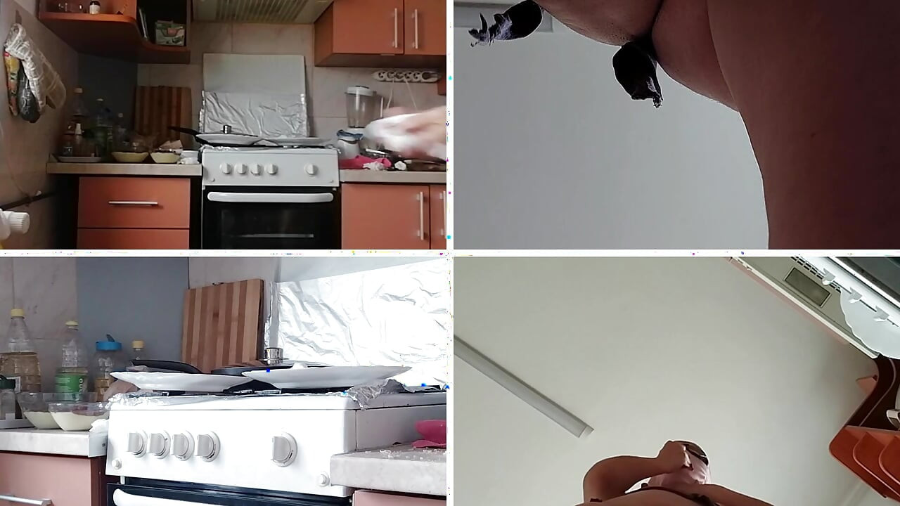 Brunette hairy pussy prepares breakfast naked in the kitchen. Sexy mom cleans the house naked.