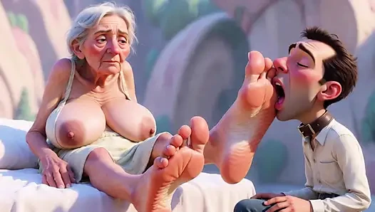 Dev kadın yaşlı nine ayak kölesine tapıyor - minik adam dev ayaklarını yalıyor