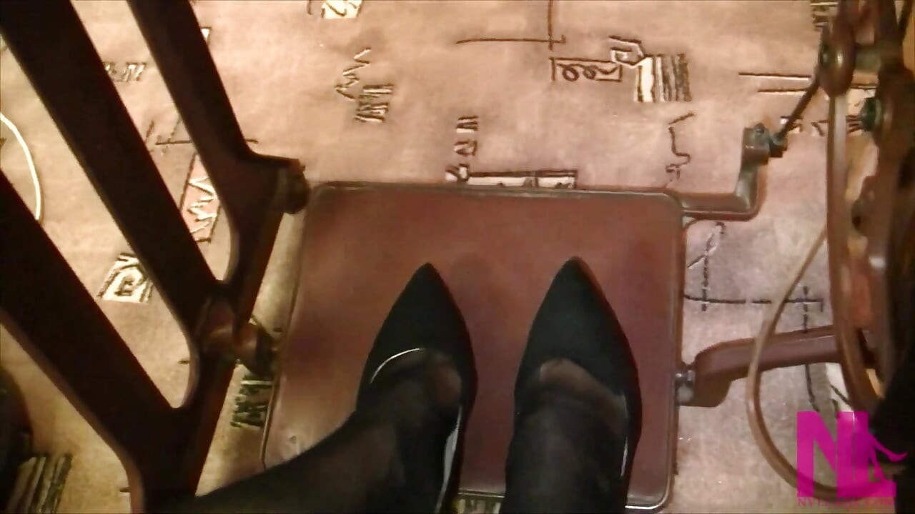 Vintage_sewing on My Granny's Old Sewing Machine in Black Pantyhose and Suede Louboutins