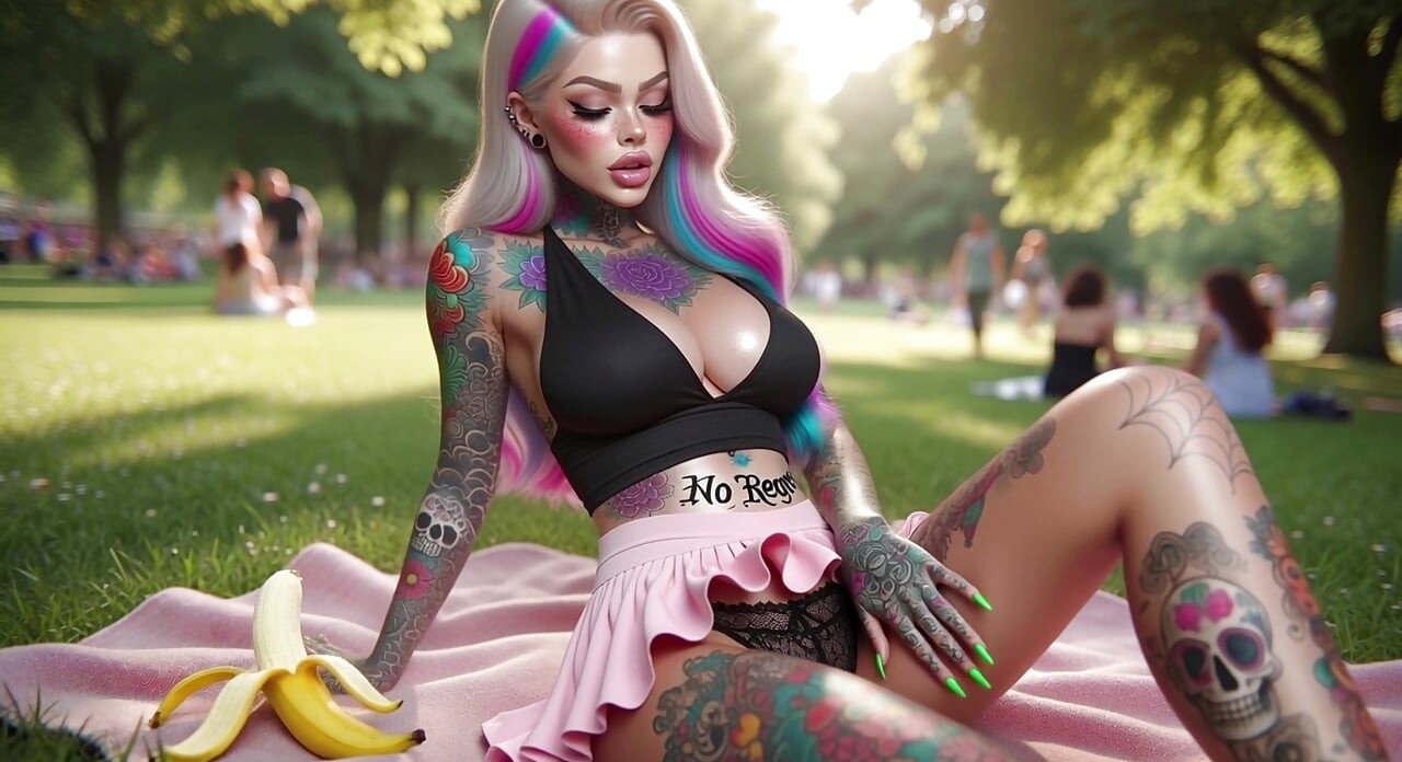 Tattooed Big Boobs Babe Masturbates in Public Park and Squirts