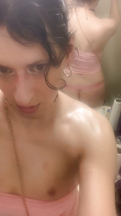 Oiled Sweaty Trans Slut In Pink Drips Precum Imagining Dildo Is A Man's Hard Cock