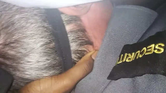 Blindfolded old security guard sucking black dick