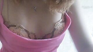 Home day gentle striptease in pink dress and masturbation with orgasm
