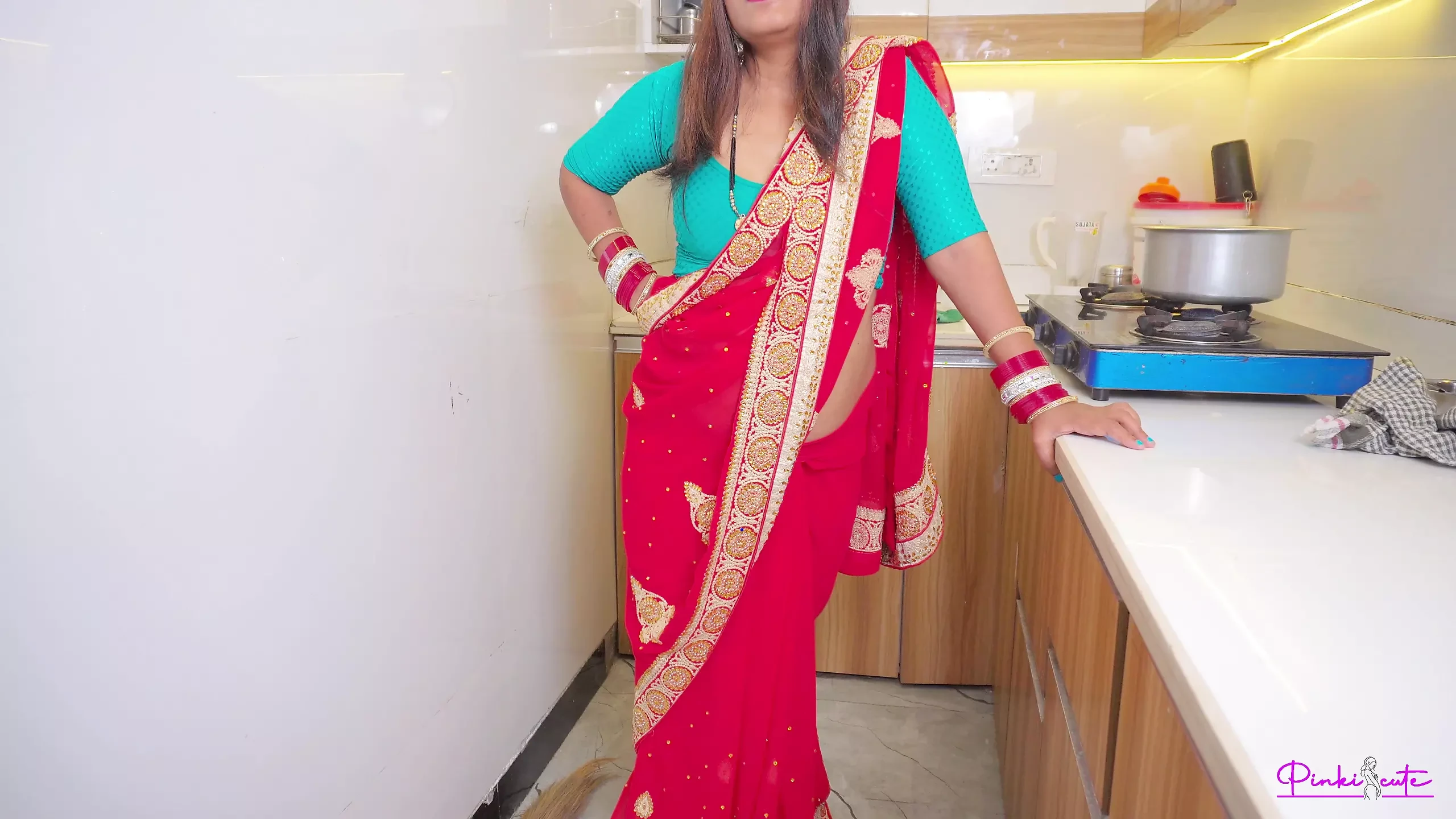 After Suhagrat- newly married Pinki bhabhi stripping saree in bathroom, she fucked hard and got cum in Pussy with Hindi Audio.