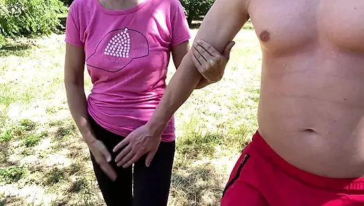 Fuck and cum in thong in public park summer