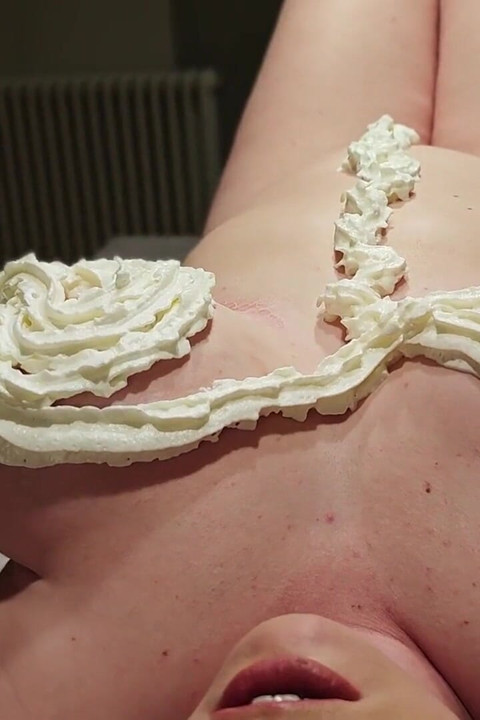A Naked Woman with Huge Tits in a Massage Parlor Using Whipped Cream.