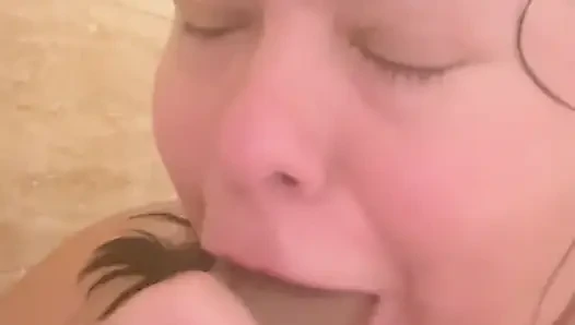 Horny Slut fucks her throat with bbc dildo in shower