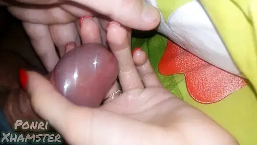 My stepsister's hand is covered in precum and then thick cum