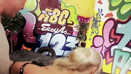 Curvy blonde slides on guy's stiff tool with her ass