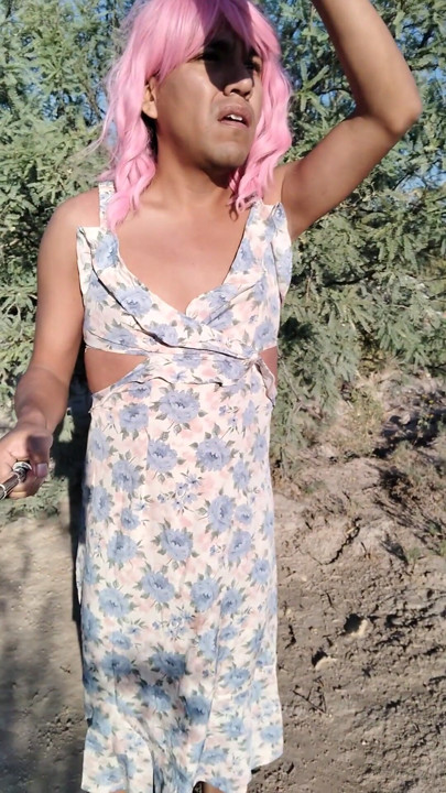 Beautiful little femboy walks in public wearing very hot pink dress and sandals | Clip 3
