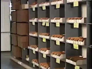 Blonde slut sucks off 4 cocks in warehouse