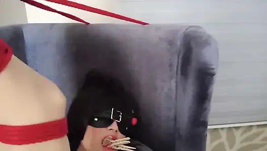 Mz04 - Orgasm Training with Pantyhose and Red Rope Binding