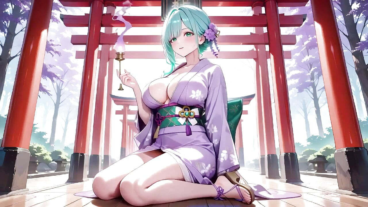 綠髮和服女孩的私人早晨！紫色浴衣微濕，跪在日式房間的床上