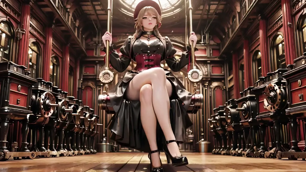 Steampunk Duchess! Red-haired mechanical girl teasing in the Gear Hall.