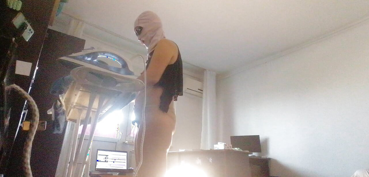 Sexy woman does naked cleaning. Brunette, hairy pussy, big ass, big tits. Sexy mom massages herself with a vibrator