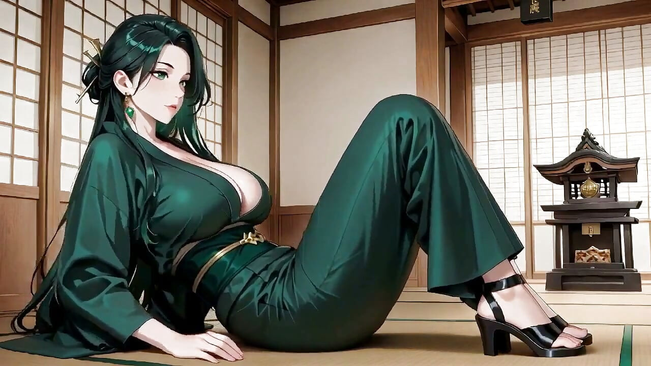Green-haired Kimono Goddess! Private Tatami Close-up, Lazy Kneeling & Chest Rubs.