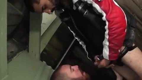 Bearded guy sucks and milking a biker guy