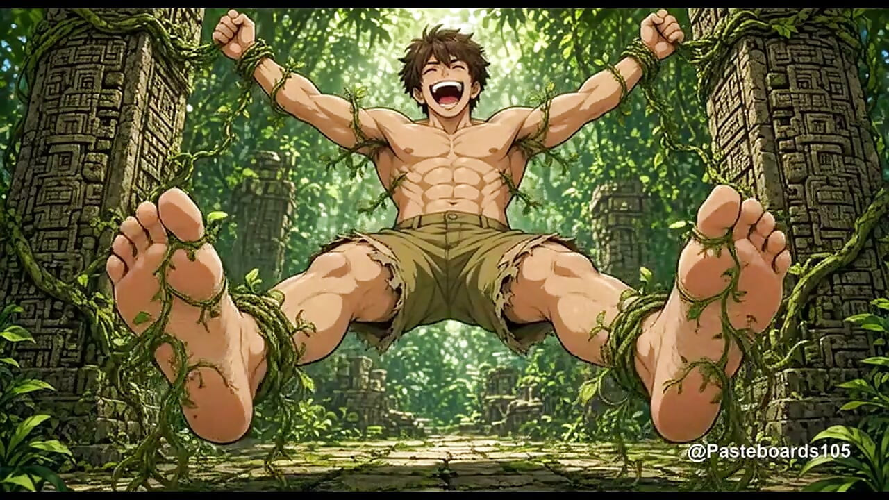 Pego pelas trepadeiras do templo da selva - Costelas e solas dos pés à mostra (Anime 2D)