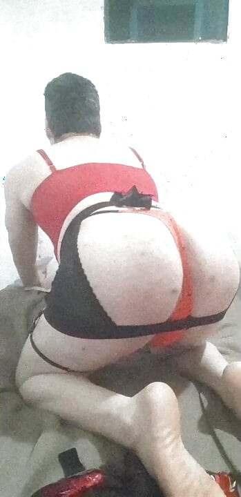Wearing sexy lingerie and trans panties