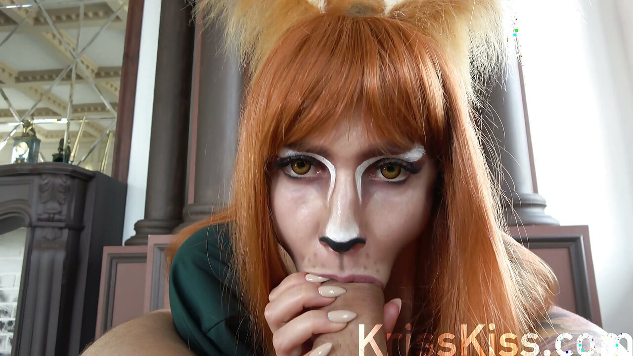 Cosplay horny fox sucking huge cock, cum in mouth, 4K