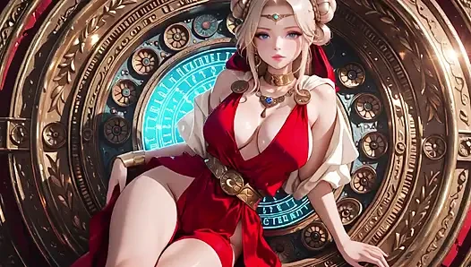 Blonde Goddess in Red! Forbidden Gaze in the Ancient Corridor, Deep V & High Slit teasing you.