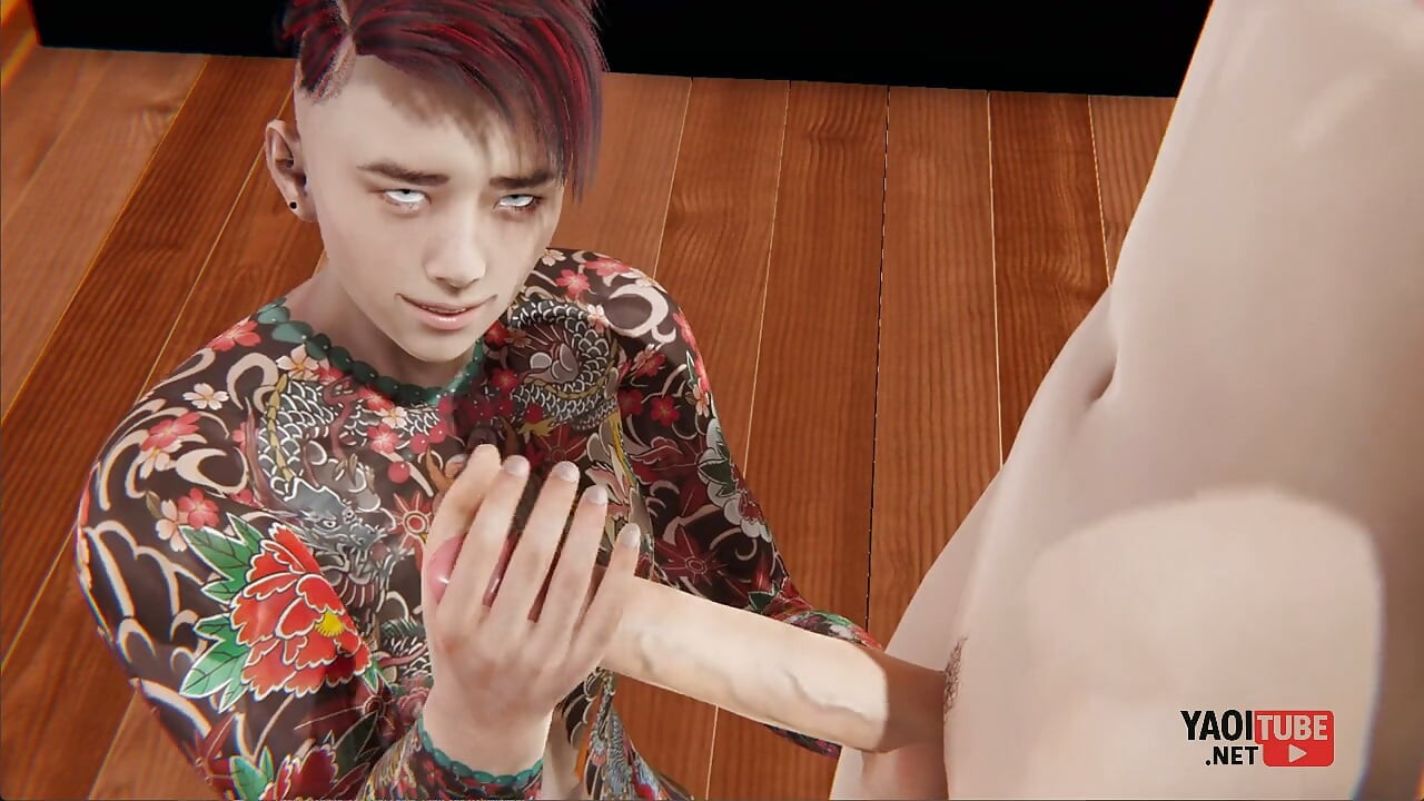 Yaoi - Guy with a Fully Tattooed Body Gives a Twink a Handjob and Then Rubs Himself Against His Pecs