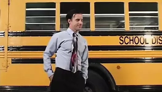 Two horny teachers make sandwich with lusty schoolgirl near the parked bus