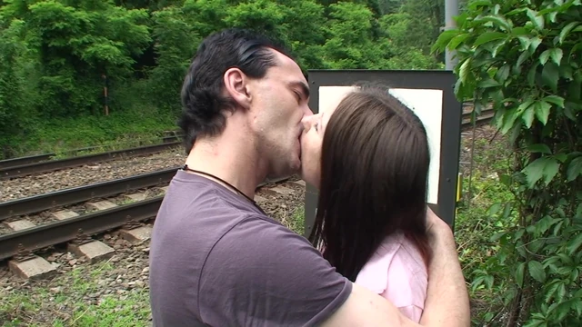 Good looking teen girl gets fucked by two rods near the road