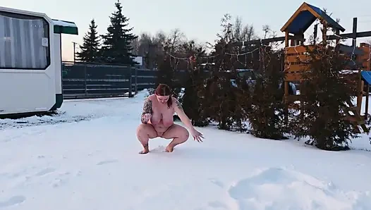 Femdom. Two Busty Women Piss Naked in the Snow, Then Make a Naked Guy Eat and Lick the Yellow Snow.