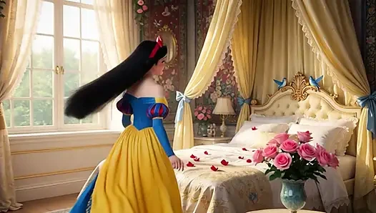 Страстная ночь Белоснежки в спальне зачарованного замка в классическом платье частично открыта для интенсивного удовольствия