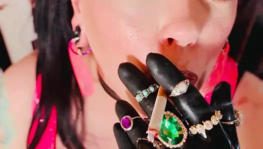 18 Rings & Latex Gloves! Miss Tina Snua Smoking 2 Cork Cigarettes For Her Glove Fan! - Smoker OMI OME Snap Inhales Drifting