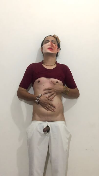 Crossdresser Femboy Sissy Sheenu playing with their body and dick and doing a cumshot