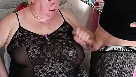 Stepmom Learns English Sucks Dick and Gets a Cumshot on Her Nightgown
