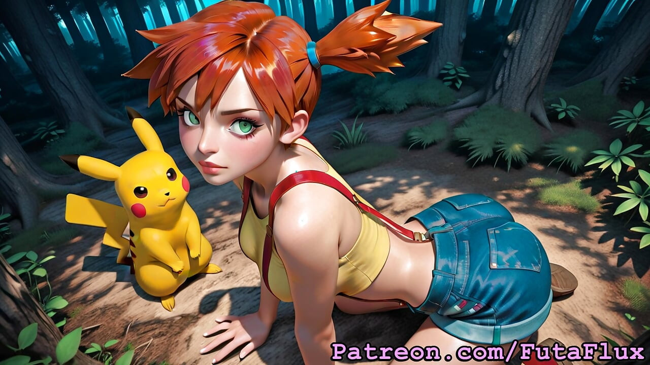 Futanari Misty iz Pokemona - masturbiranje, cumshots, Selfsucking