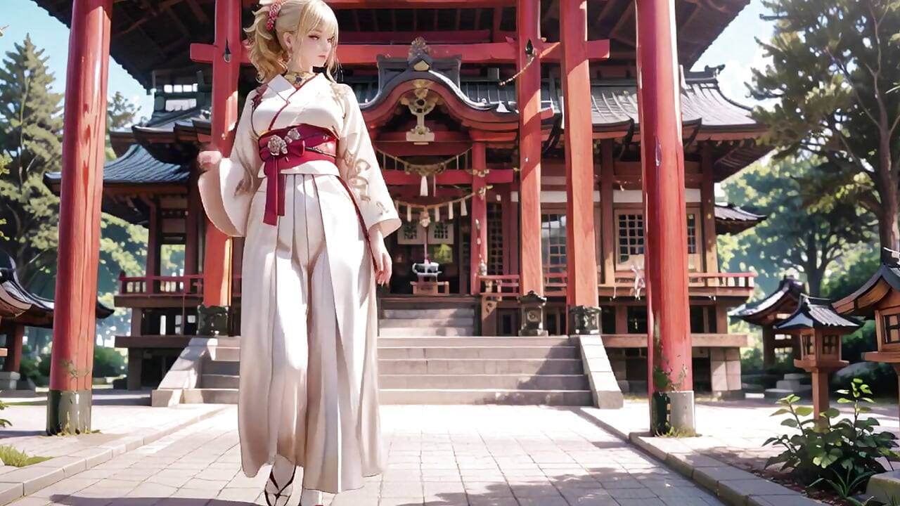 În genunchi sub poarta Torii, într-un kimono bej modificat, ea își atinge pieptul și își urmărește clavicula