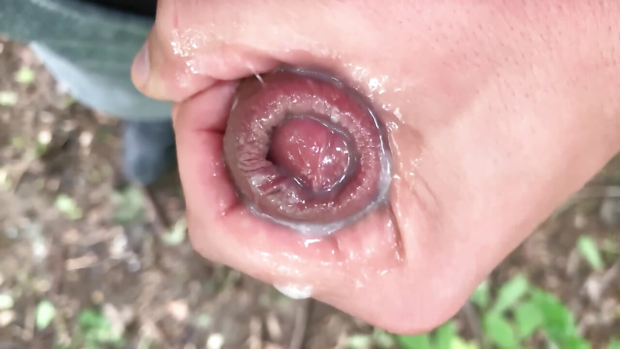 Close up Look on Glans with Precum and Close up Cum Leaking - Uncut Cock