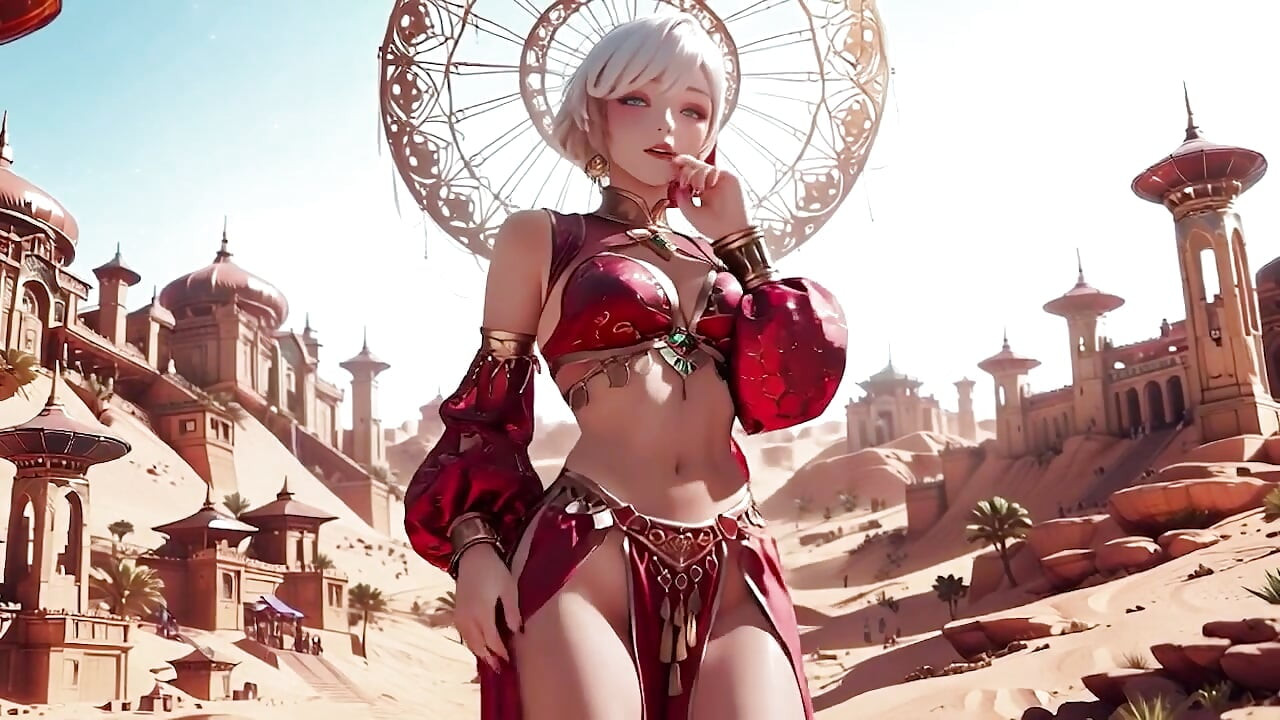 Fantasia no Deserto! Dança particular da Santa de cabelos prateados no Palácio Vermelho-Dourado, fitas de luz envolvendo seu corpo.