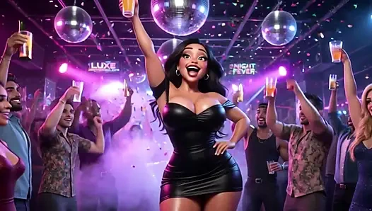 Красивая женщина наслаждается захватывающей ночью в ярком клубе, танцует, целуют мужчин и становится полностью обнаженной на всех четвереньках