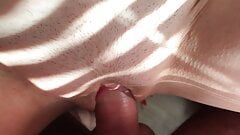 Noon is a good time for sex. Pussy fuck and cum inside. Female orgasm and throbbing clitoris. Close-up.
