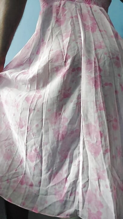 It feels so horny to masterbate wearing a silk seethrough fleard chiffon flowers frock