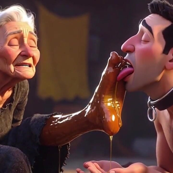 Submissive Slave Licking Wrinkled Feet of Old Ladies