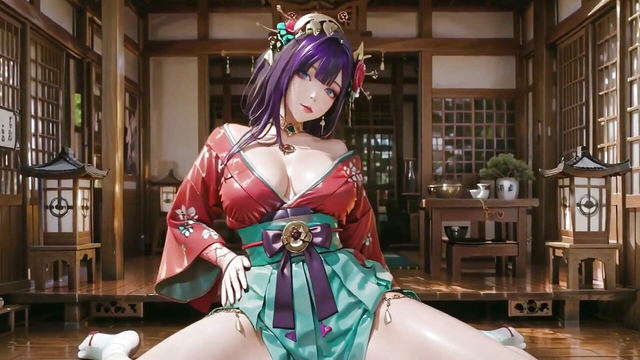 紫发和服女孩的私人早晨! 红色和绿色冲突是疯狂的.